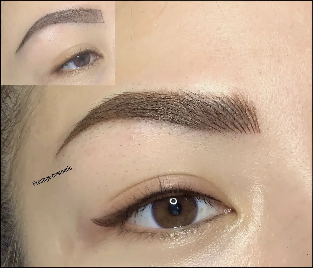 Hair stroke detail of healed eyebrow tattoo work in Perth